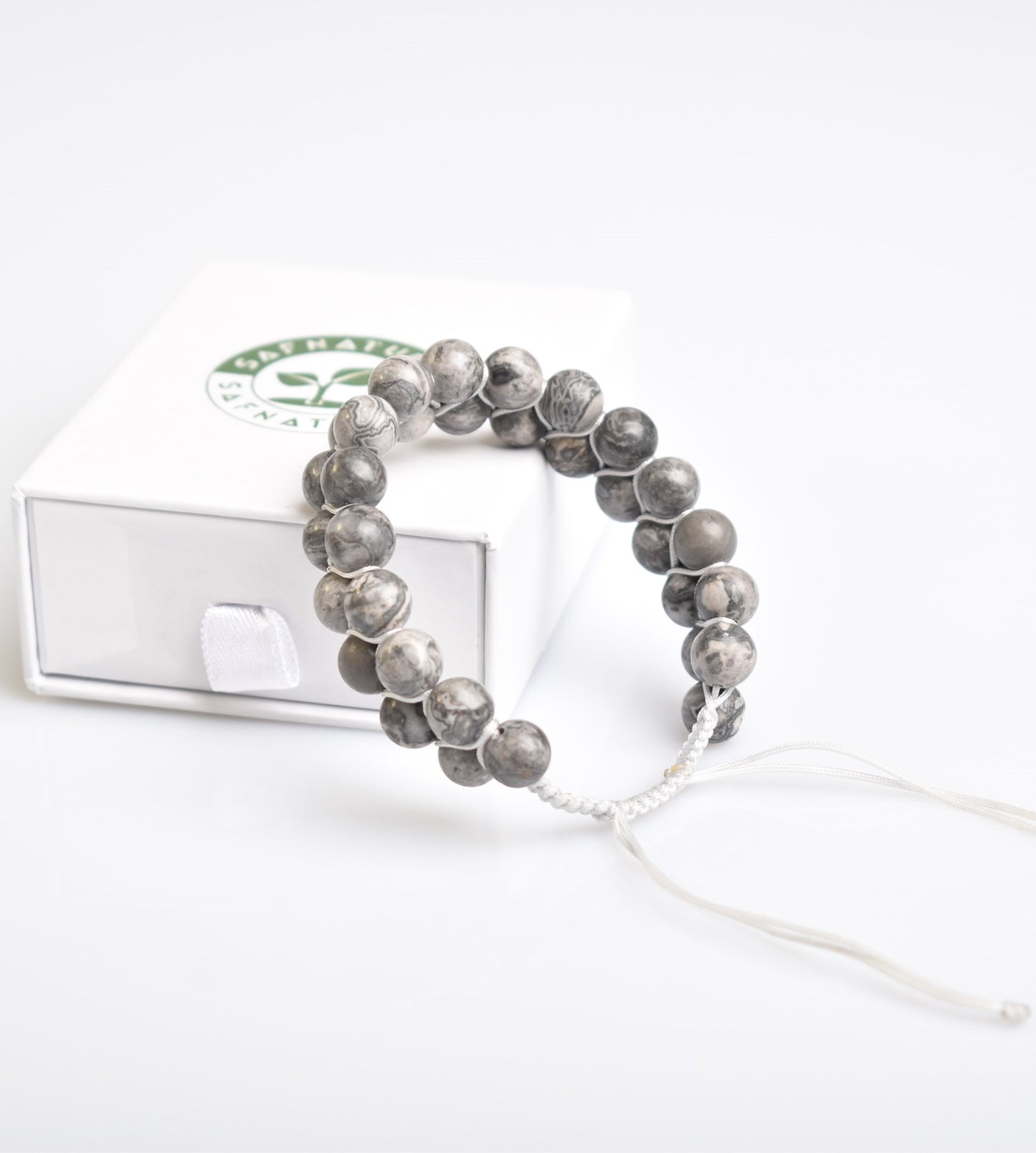 Gray Jasper Natural Gemstone Macrame Bracelet 8mm