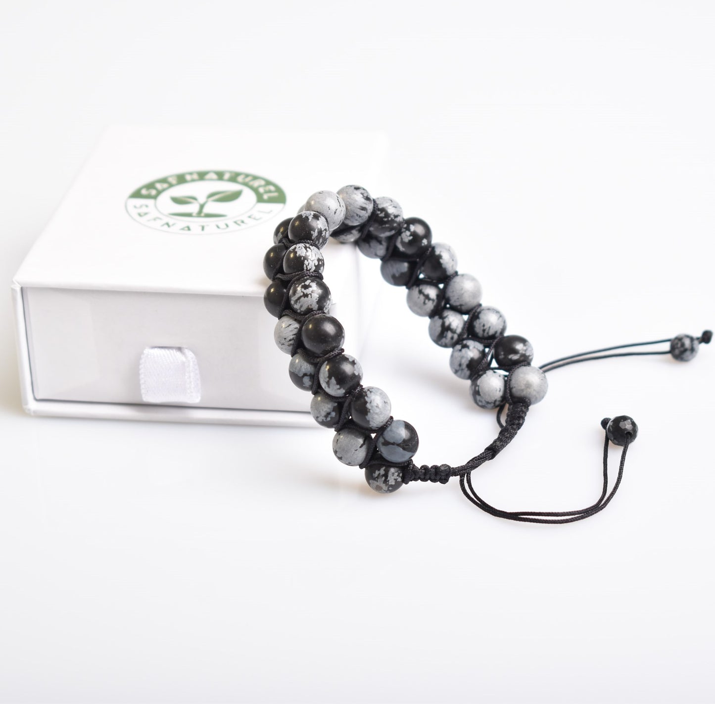 Snowy Obsidian Natural Gemstone Macrame Bracelet 8mm
